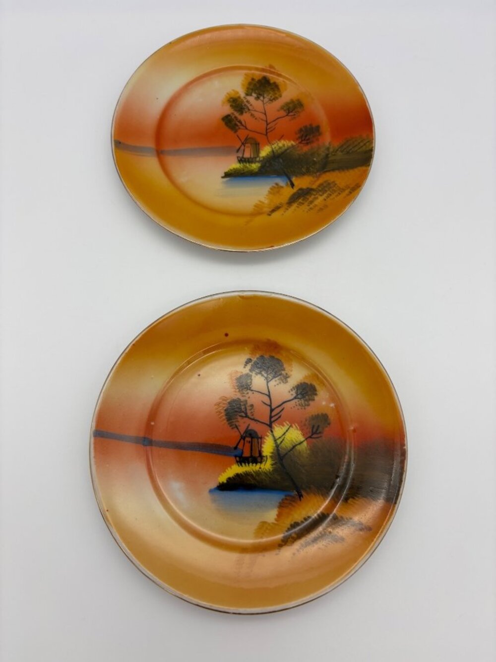 Vintage Japanese Lusterware Plates Set 2 5in Hand Painted Windmill Landscape Art
